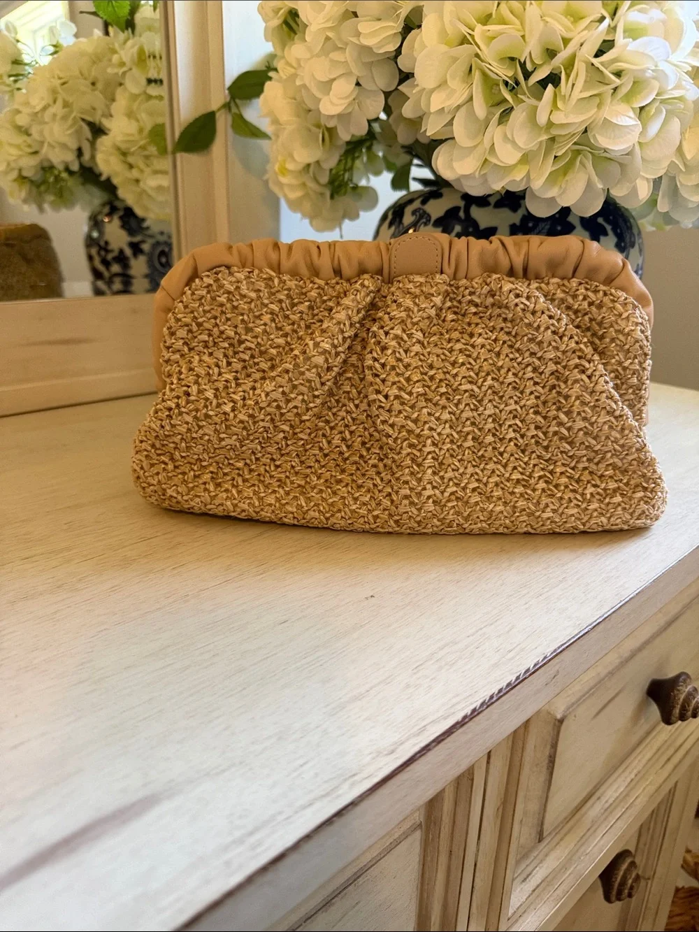 Olga Berg Tan Woven Clutch with Gathered Trim